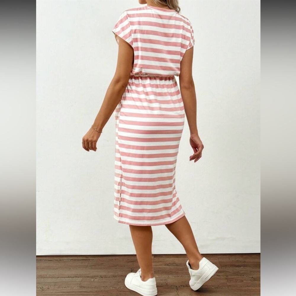 SHEIN Maternity Striped Drop Shoulder Drawstring Waist Split Midi Dress - Picture 2 of 5